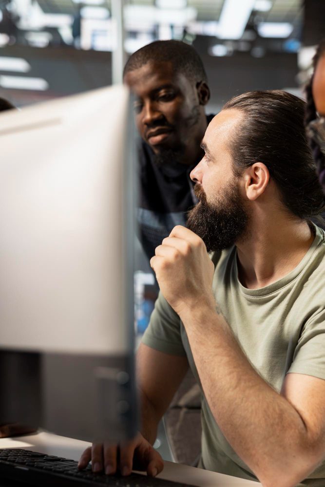Two developers working through a problem together at a computer