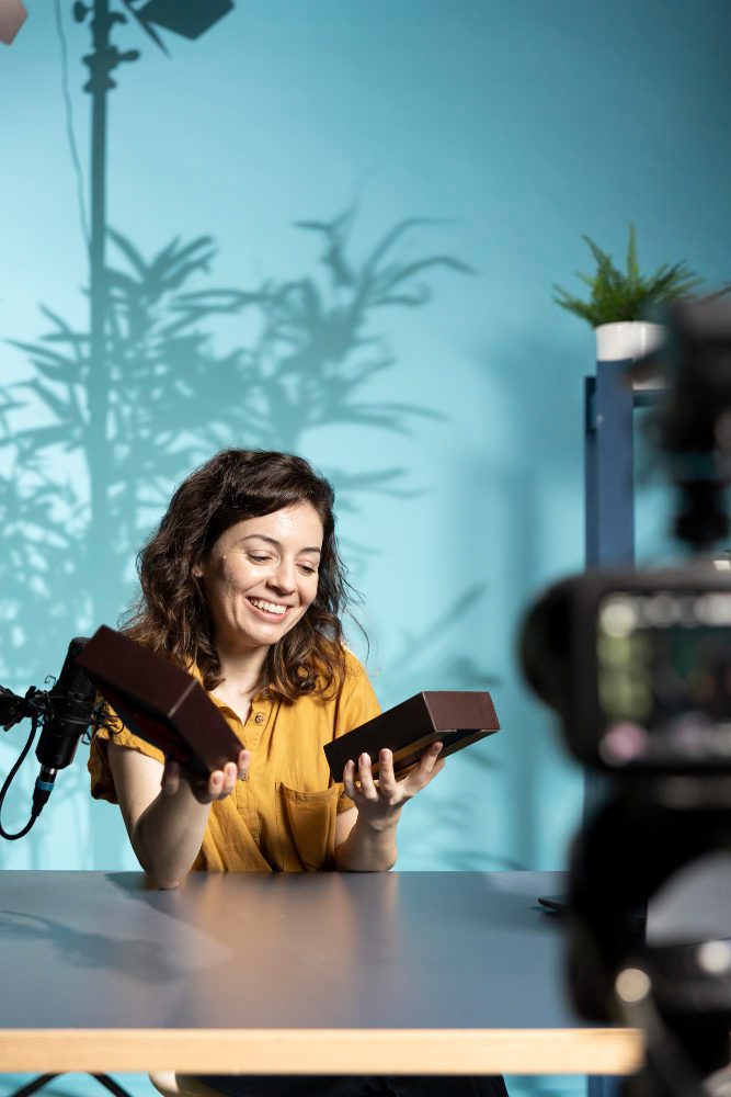 Woman filming a product review with a camera at a table