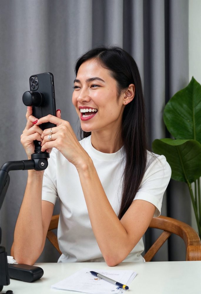 Woman filming social media content with a phone mounted on a gimbal