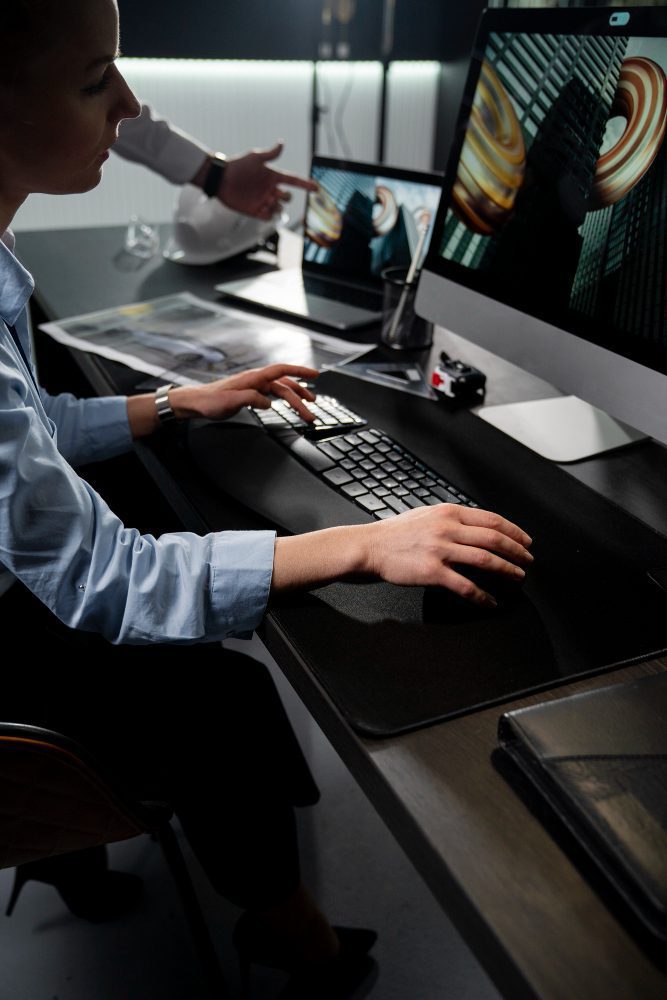 SEO - editor retouching photographs at a dark dual-screen desk