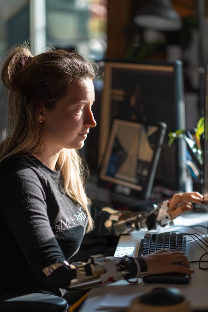 Web designer working at a multi-screen studio workstation