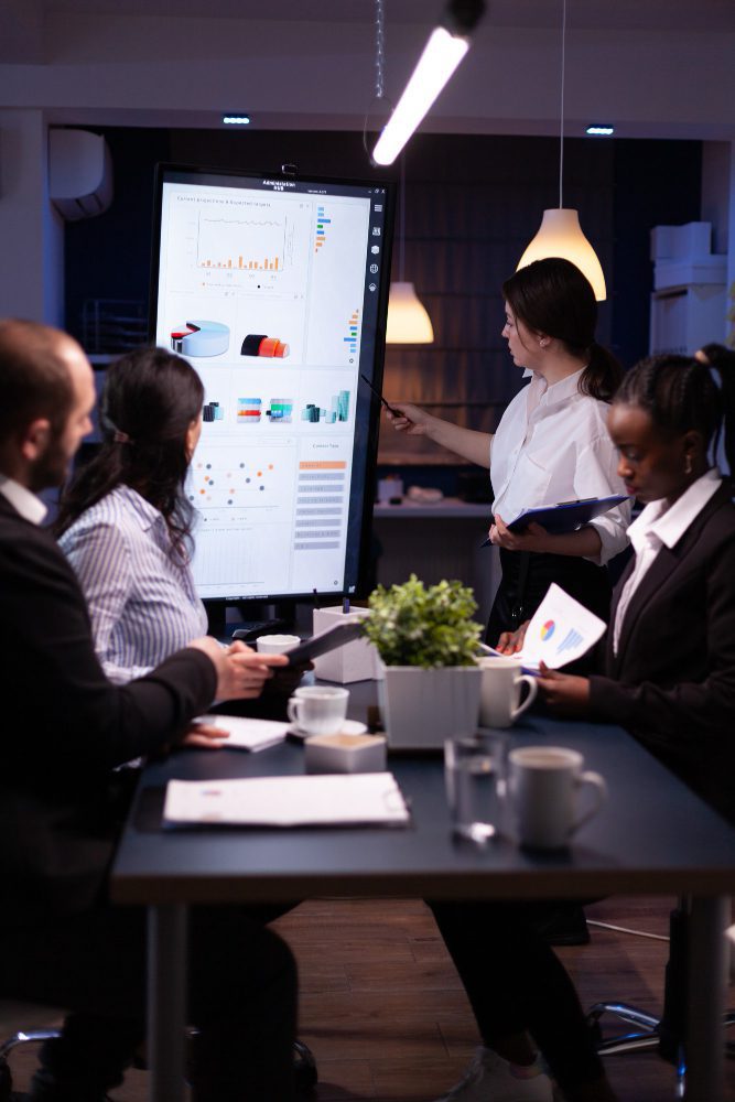 SEO - team reviewing charts on a screen during an evening meeting
