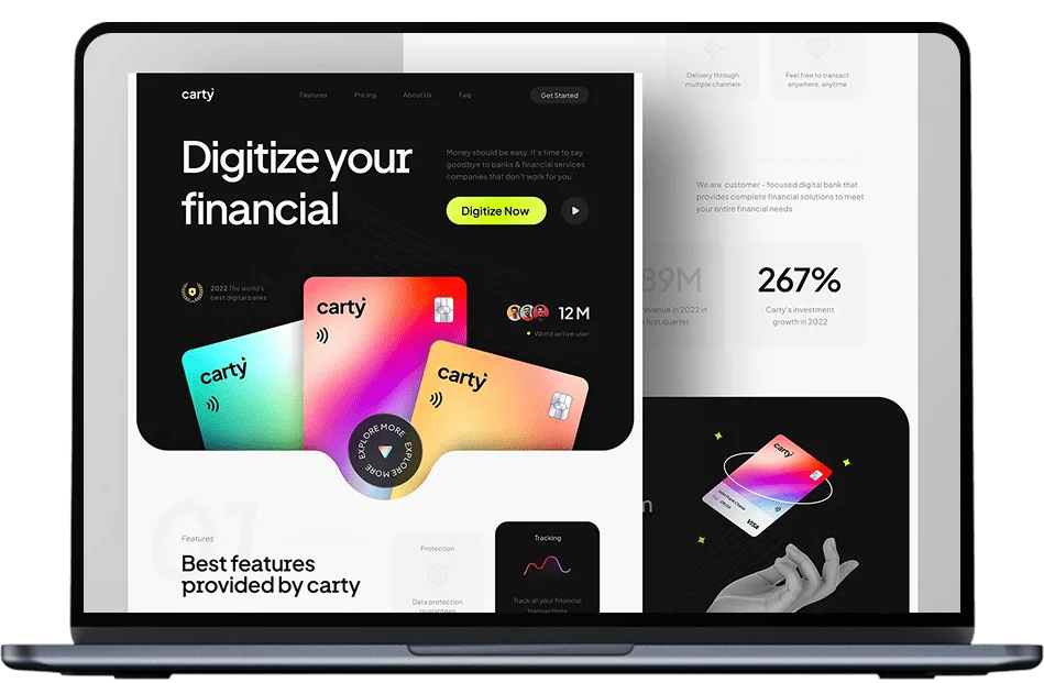 Laptop showing a fintech website design with payment cards and a 267 per cent growth figure