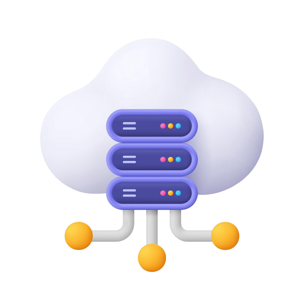 3D cloud with server racks, representing cloud hosting
