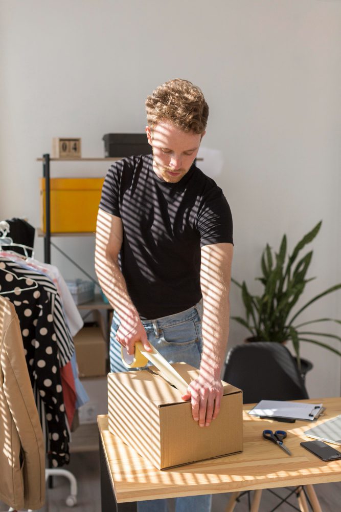 Ecommerce websites - man taping a parcel at a workbench