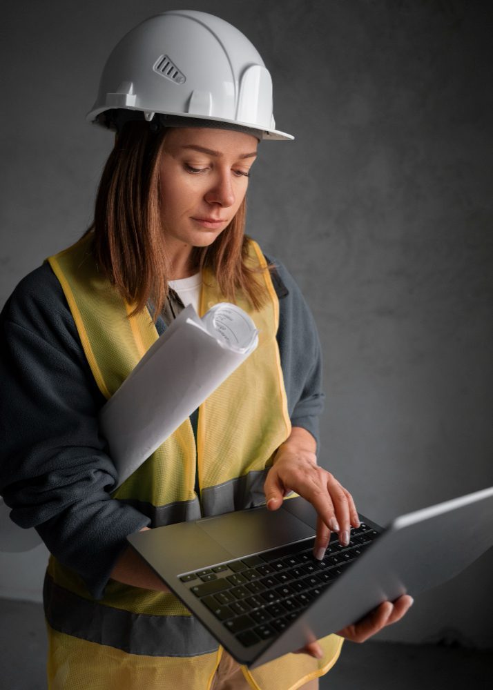Website design - site manager in a hard hat holding a laptop and rolled drawings