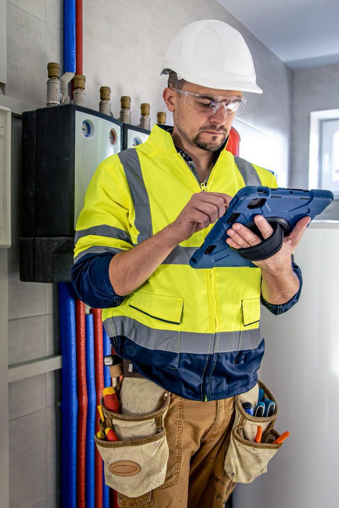 Website design - electrician in hi-vis and a hard hat using a tablet beside pipework