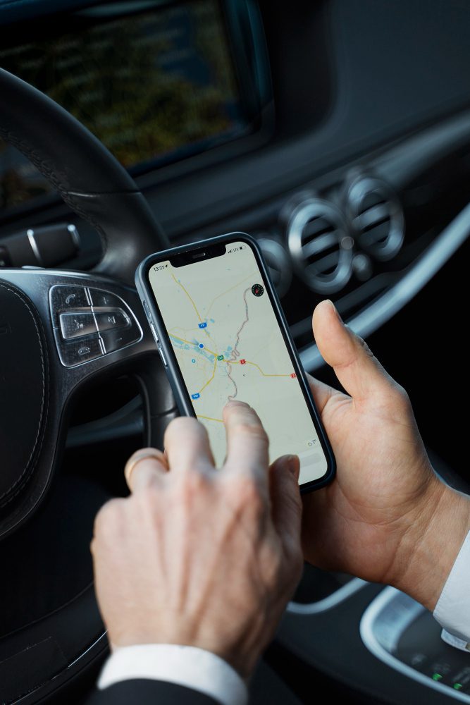 SEO - hands holding a phone showing a navigation map inside a car
