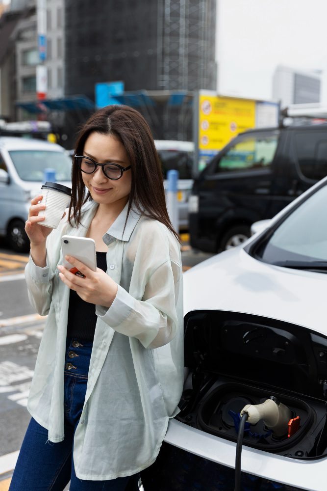 Website design - woman with a coffee using her phone beside a charging electric car
