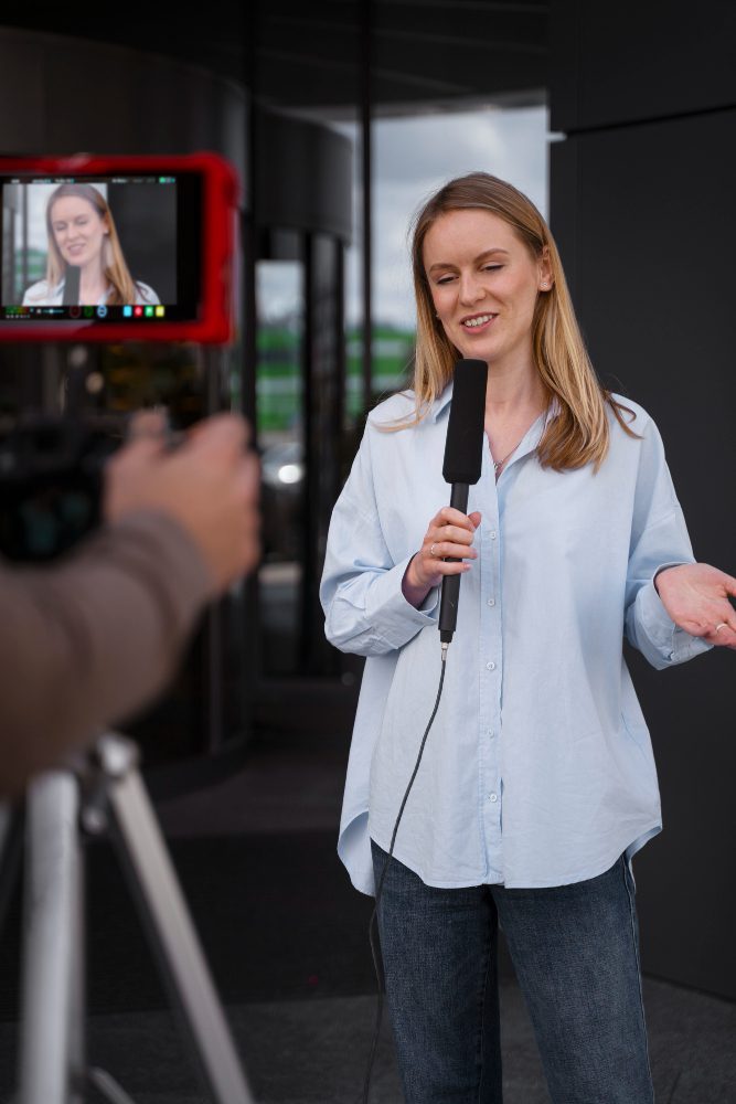 Social media - woman holding a microphone being filmed on camera