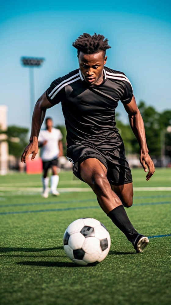 Website design - footballer dribbling the ball across a pitch