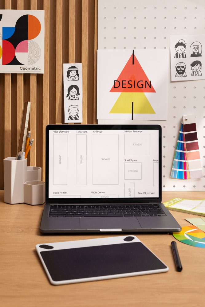 SEO - laptop and graphics tablet on a designer desk beneath a design poster