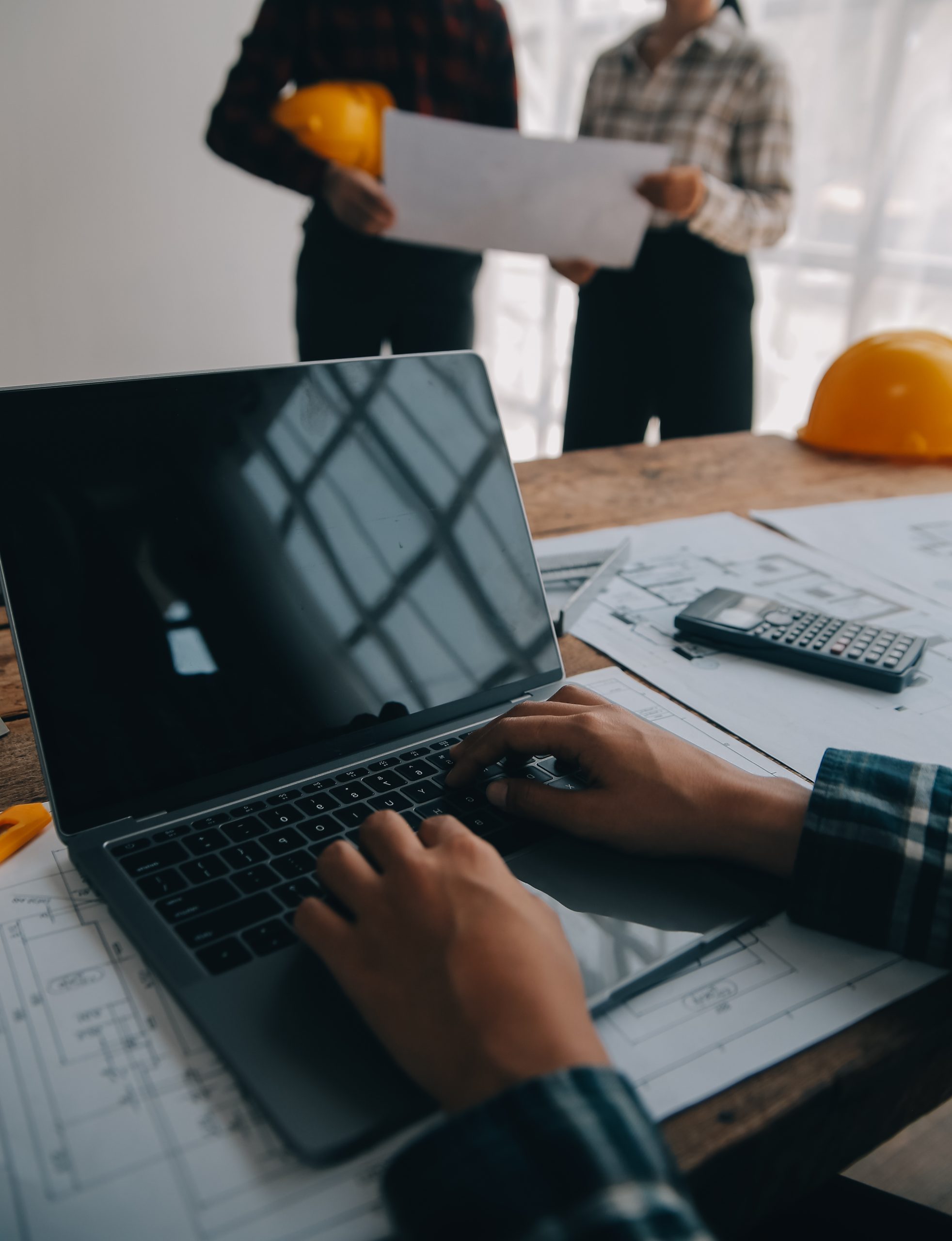 construction structure concept engineer working drawing blueprint meeting project working with partner model building engineering tools working site construction concept scaled