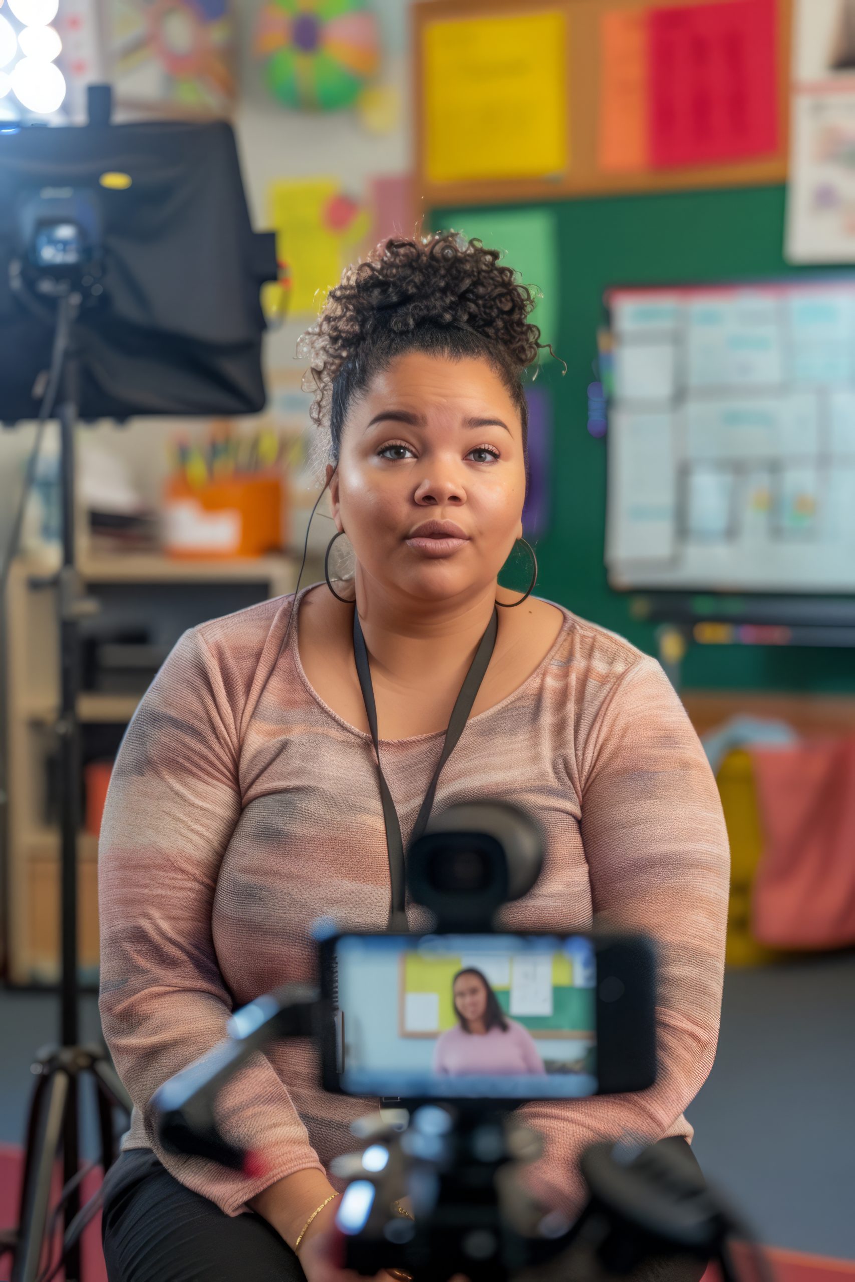 Social media - woman recording herself with a phone on a tripod in a bright studio