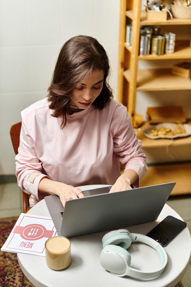 Website design - woman typing at a laptop on a round table