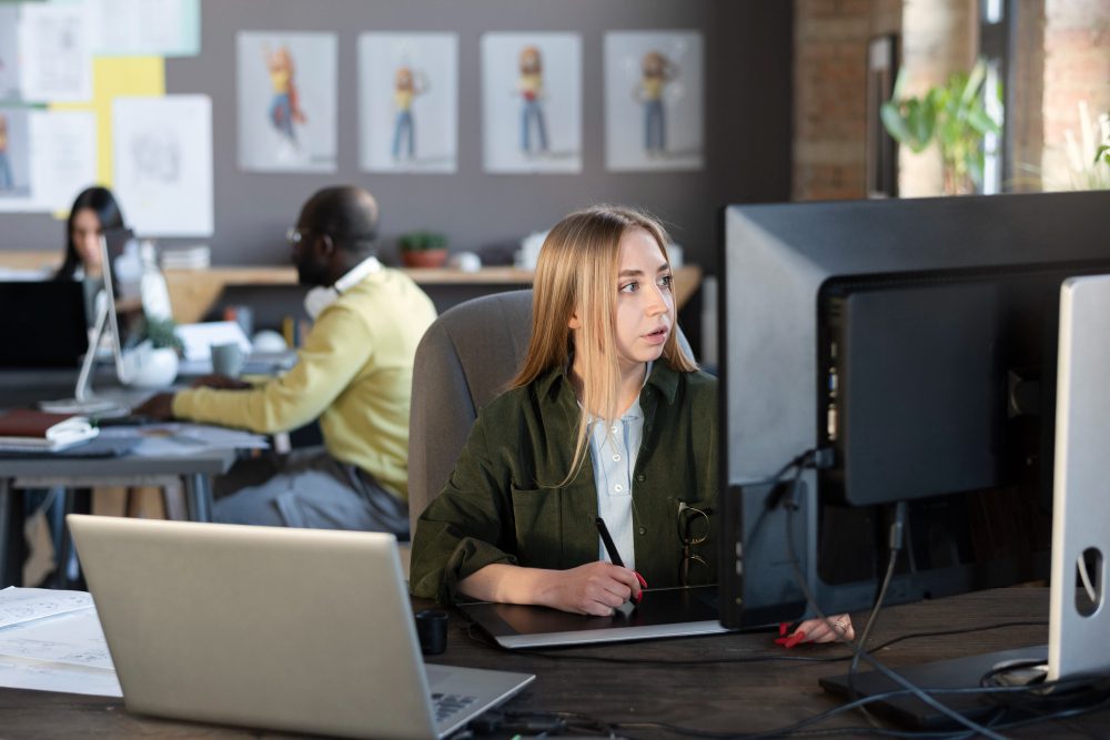 Website design - woman working at a multi-screen desk in a design studio