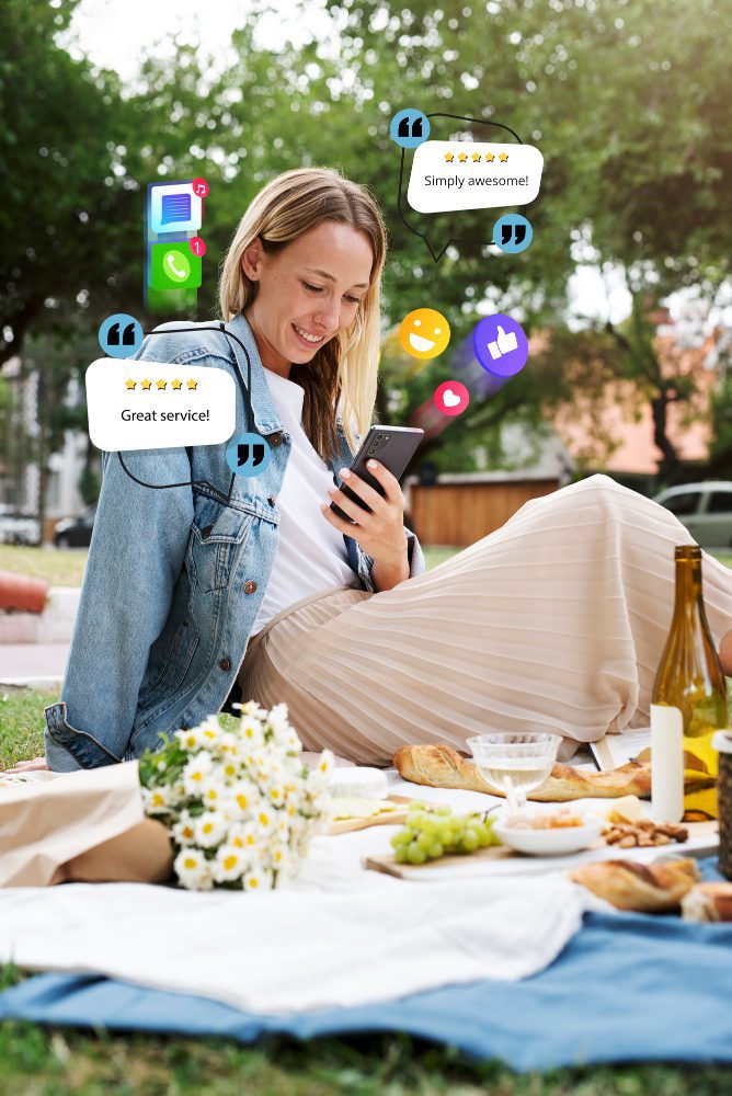 Website design - two friends at a picnic reading reviews on a phone