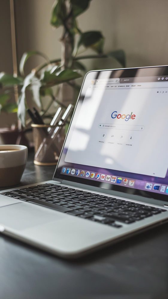 Laptop showing a search engine homepage on a desk