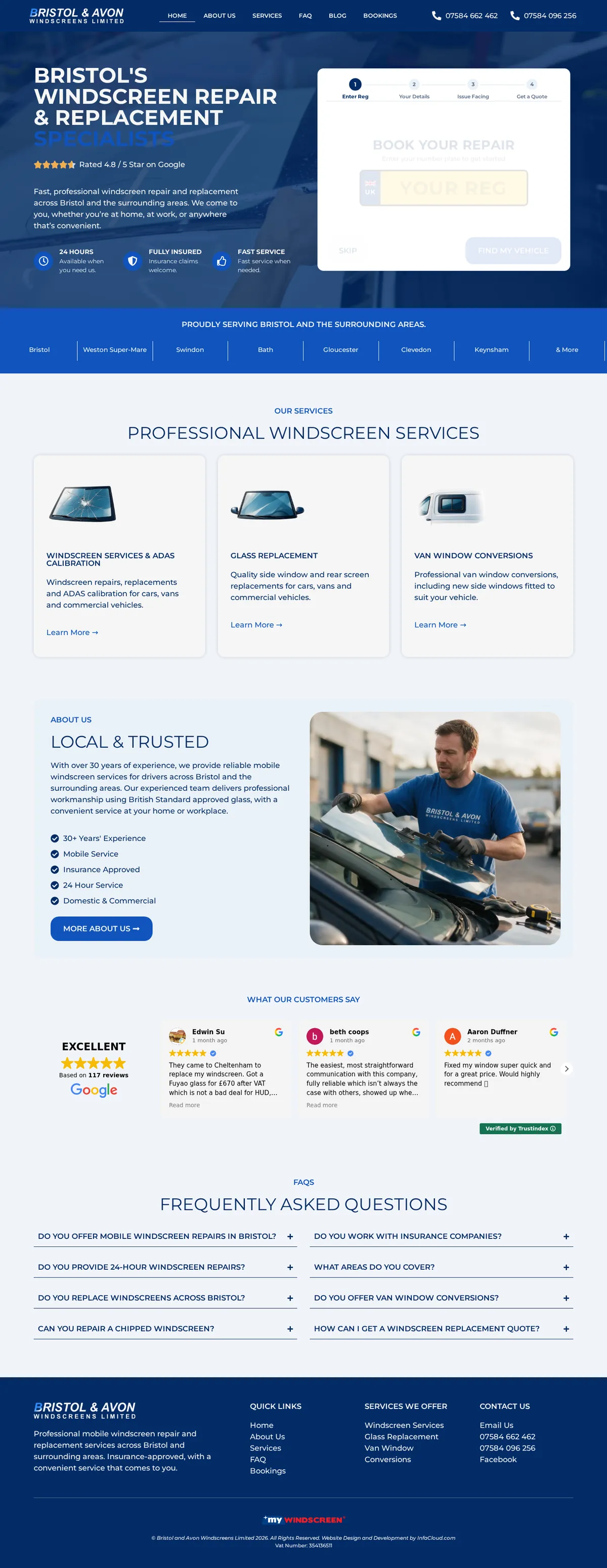 Bristol & Avon Windscreens website homepage on desktop, designed and built by InfaCloud