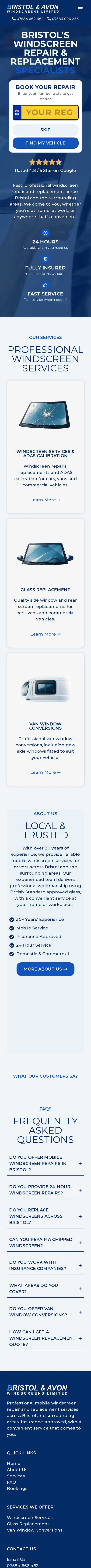 Bristol & Avon Windscreens website on a mobile phone