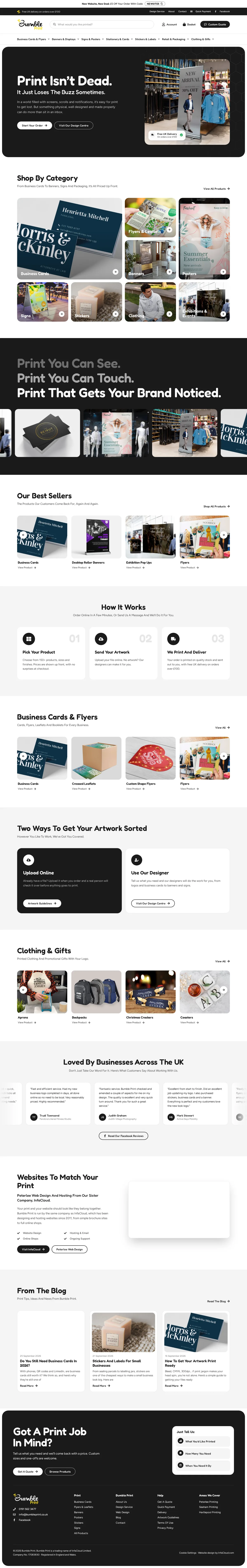 Bumble Print website homepage on desktop, designed and built by InfaCloud