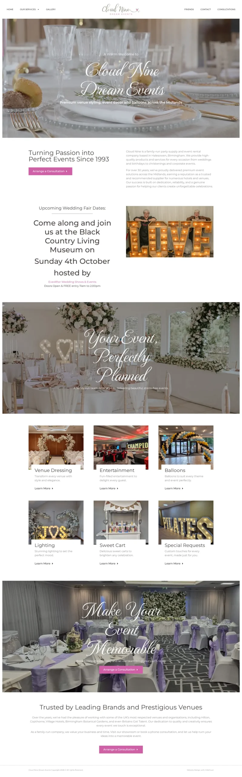 Cloud Nine Dream Events website homepage on desktop, designed and built by InfaCloud