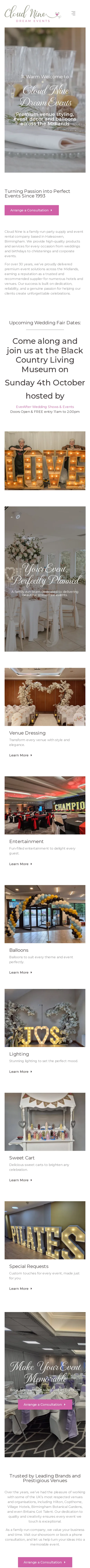 Cloud Nine Dream Events website on a mobile phone