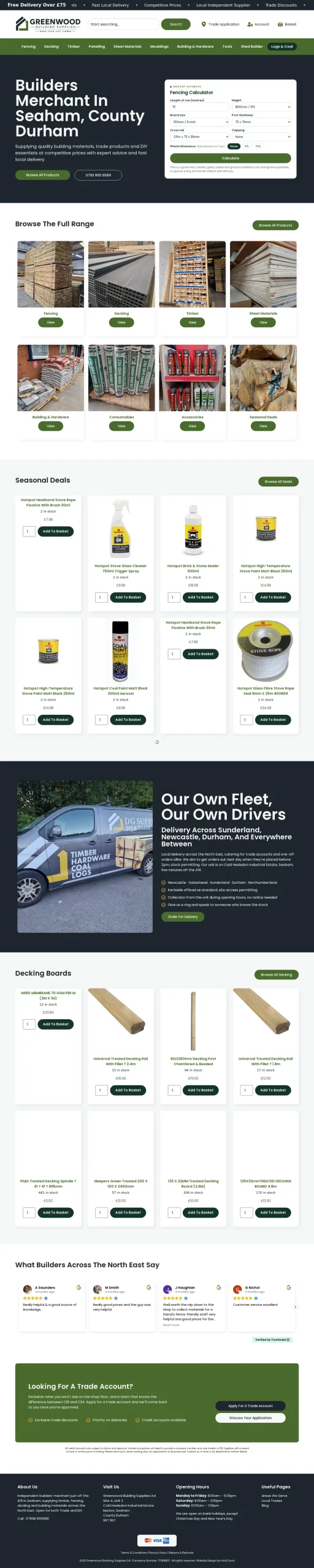 Greenwood Building Supplies website homepage on desktop, designed and built by InfaCloud