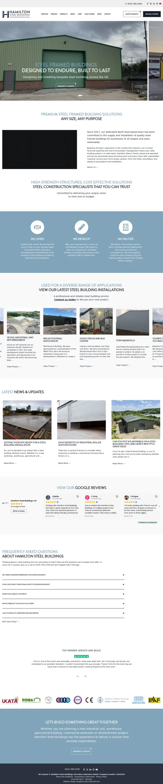 Hamilton Steel Buildings website homepage on desktop, designed and built by InfaCloud