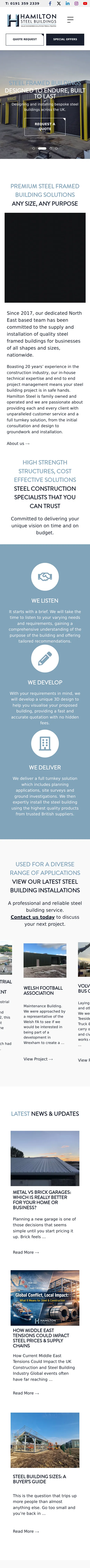 Hamilton Steel Buildings website on a mobile phone