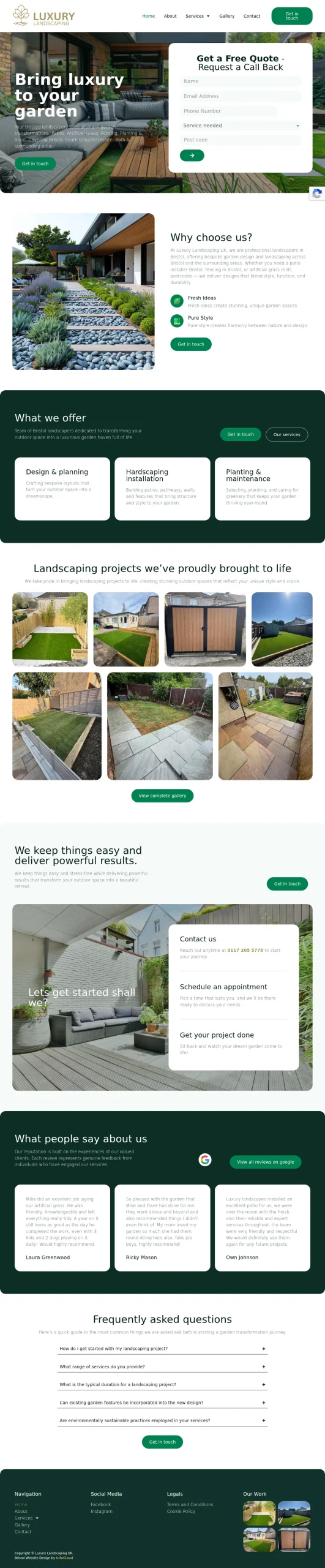 Luxury Landscaping UK website homepage on desktop, designed and built by InfaCloud