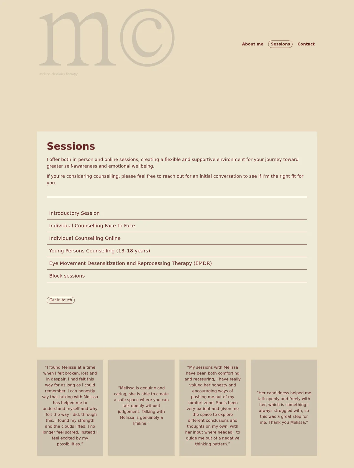 Melissa Chadwick Therapy - Sessions page