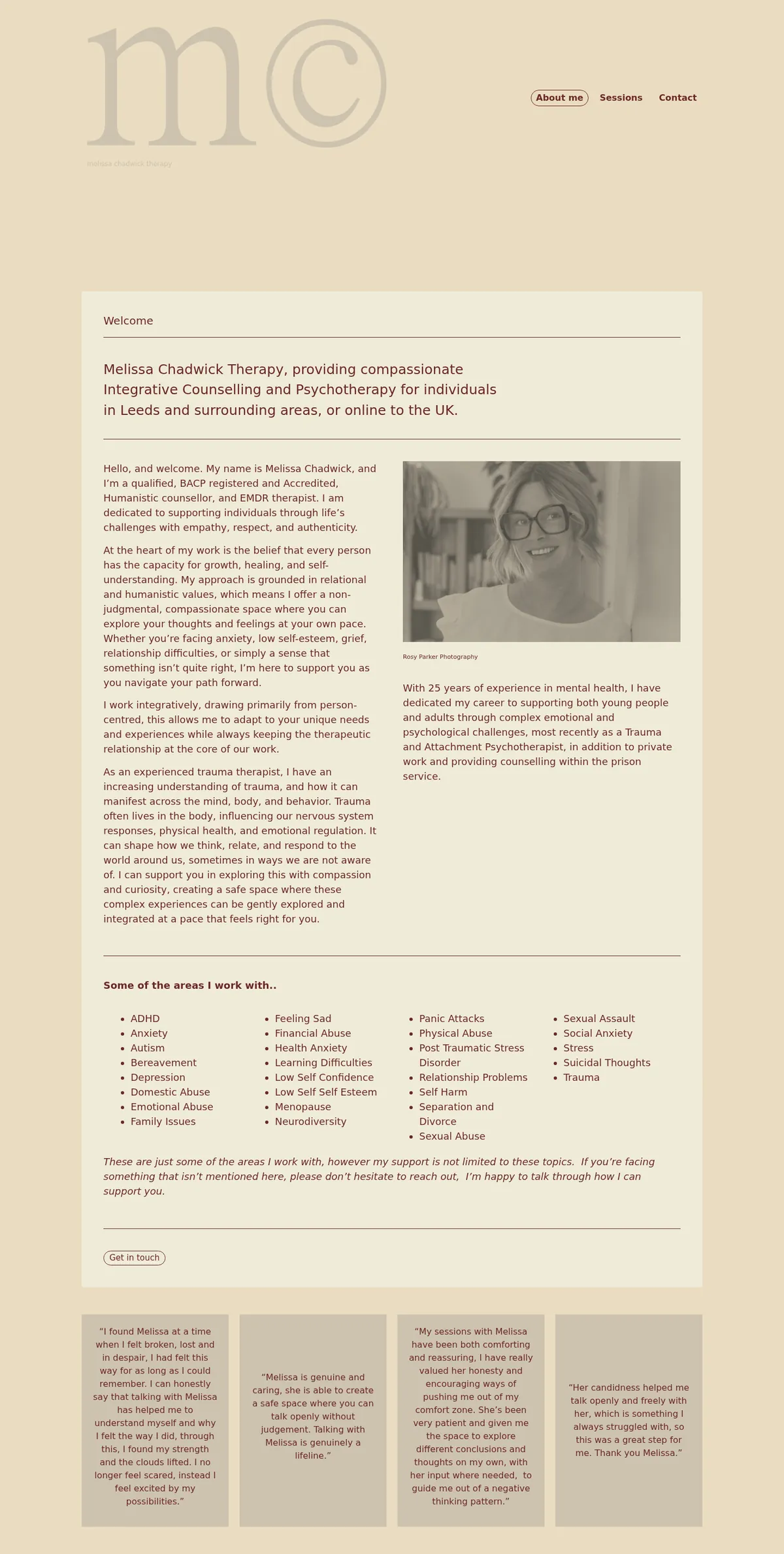 Melissa Chadwick Therapy website homepage on desktop, designed and built by InfaCloud