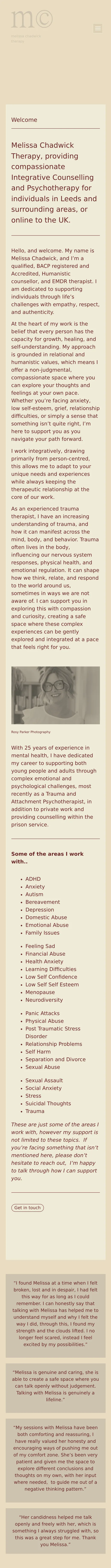 Melissa Chadwick Therapy website on a mobile phone