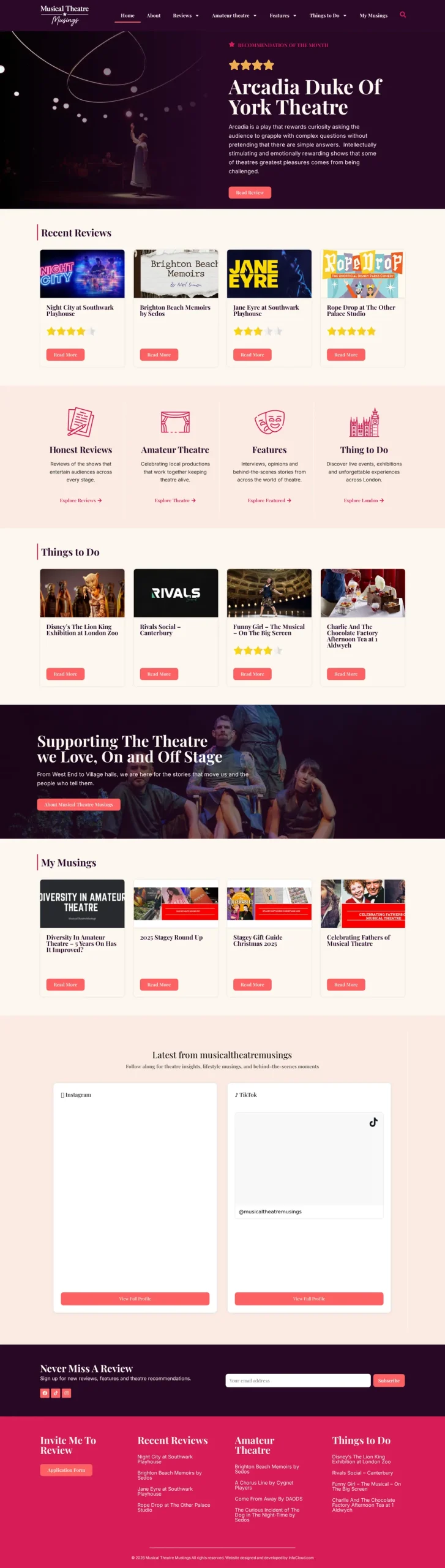 Musical Theatre Musings website homepage on desktop, designed and built by InfaCloud