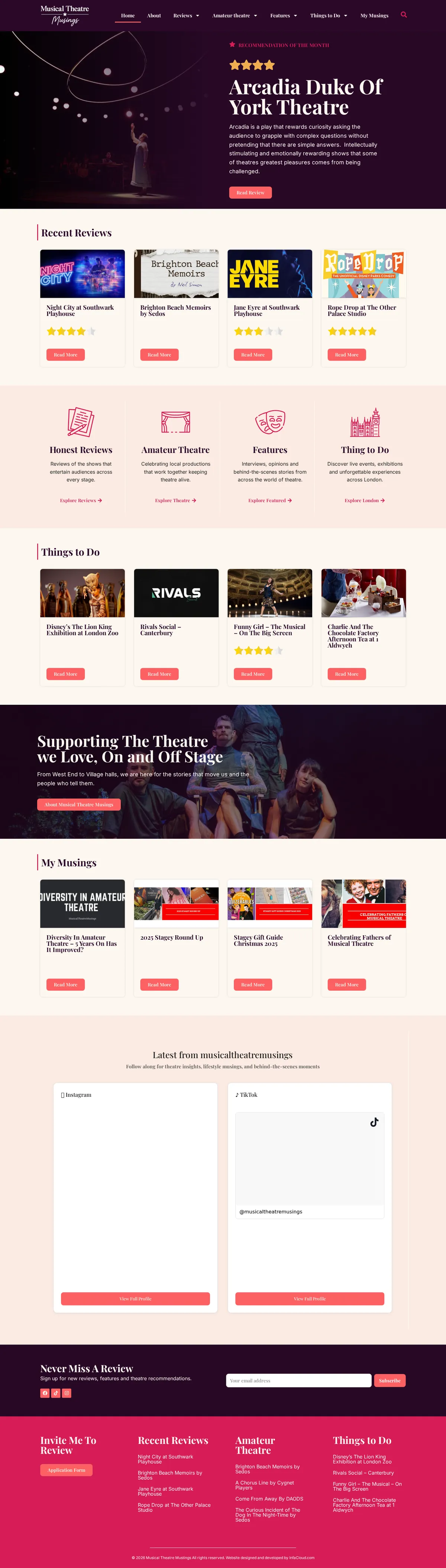 Musical Theatre Musings website homepage on desktop, designed and built by InfaCloud