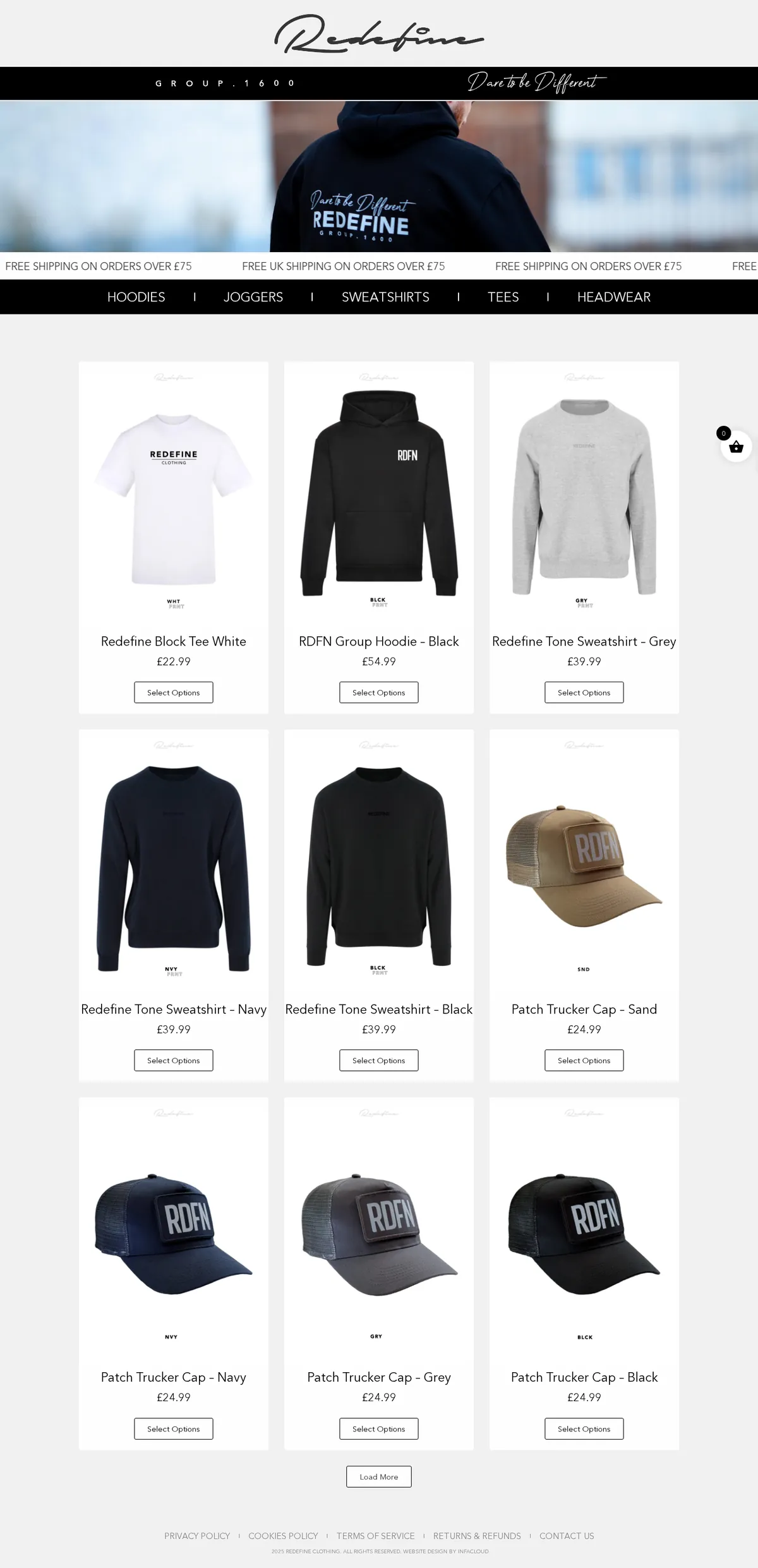 Redefine Clothing website homepage on desktop, designed and built by InfaCloud