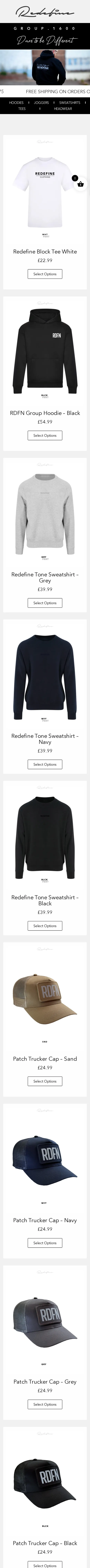 Redefine Clothing website on a mobile phone