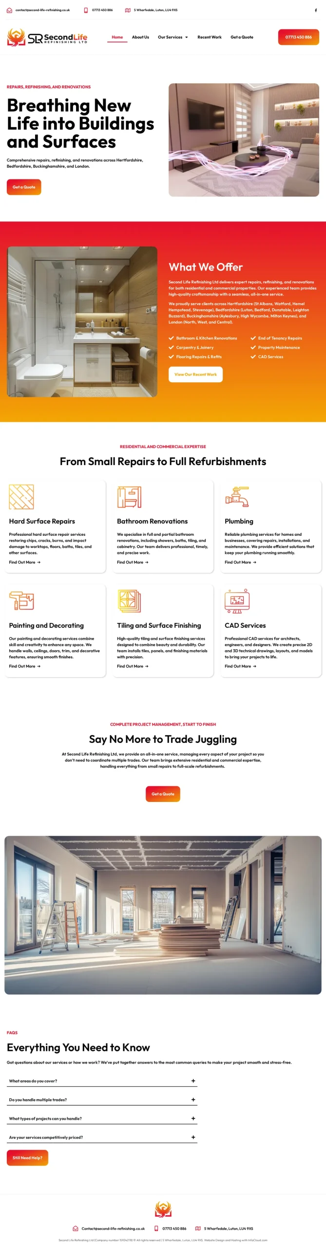 Second Life Refinishing website homepage on desktop, designed and built by InfaCloud