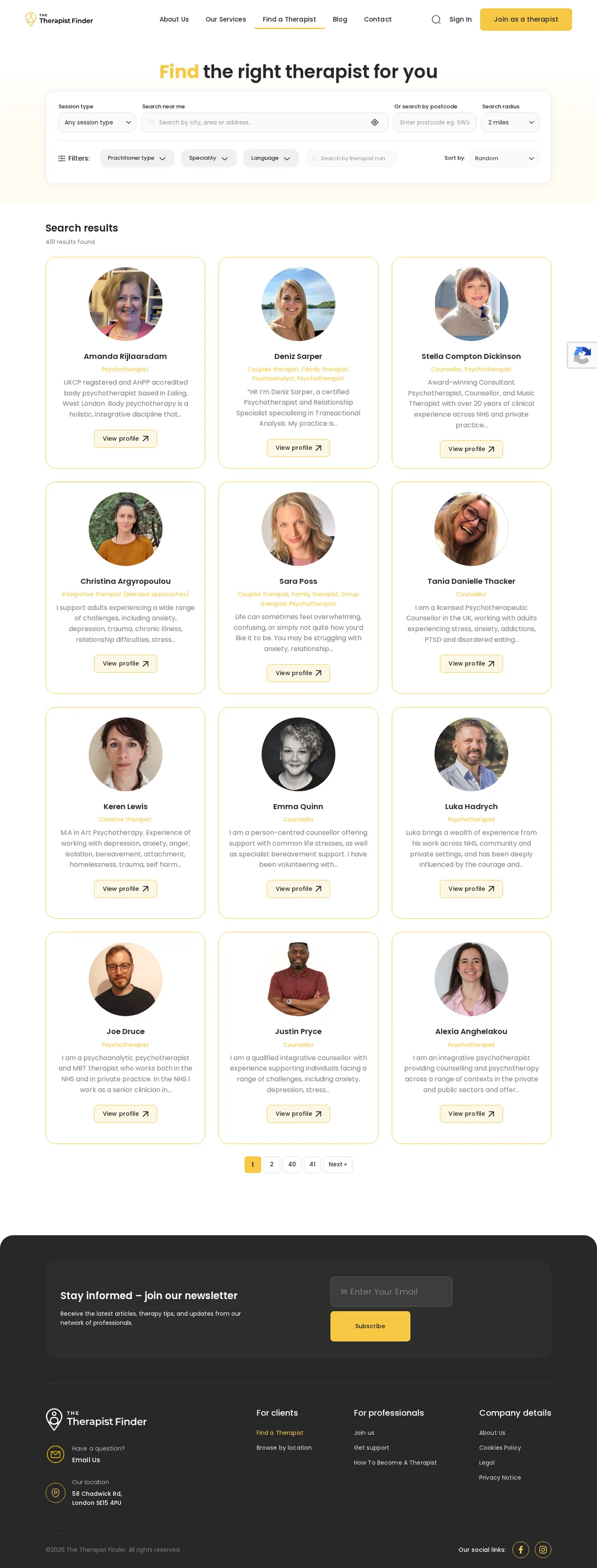 The Therapist Finder website homepage on desktop, designed and built by InfaCloud