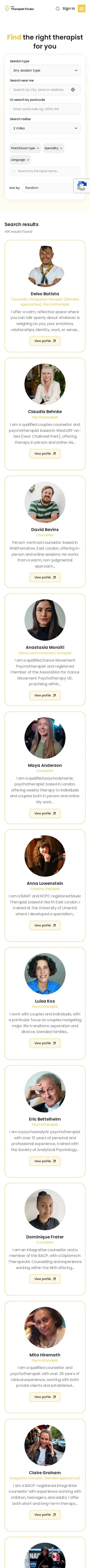 The Therapist Finder website on a mobile phone