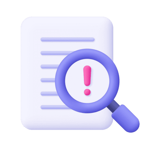 3D document with a magnifier and warning mark representing a website audit