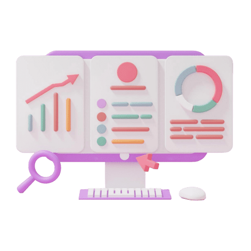 3D monitor showing charts and a magnifier representing website analytics