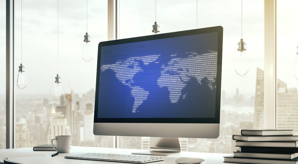 Abstract graphic world map on modern laptop screen, connection and communication concept. 3D Rendering
