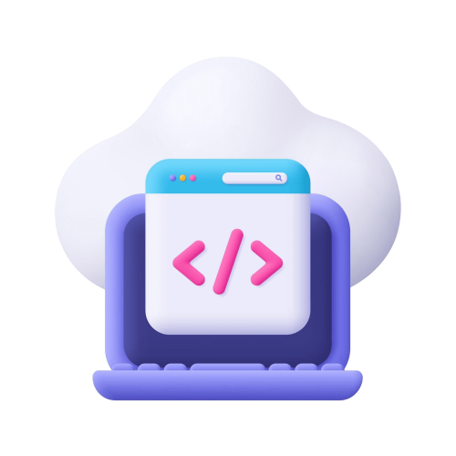 Web hosting - 3D laptop showing code brackets inside a cloud, representing web development