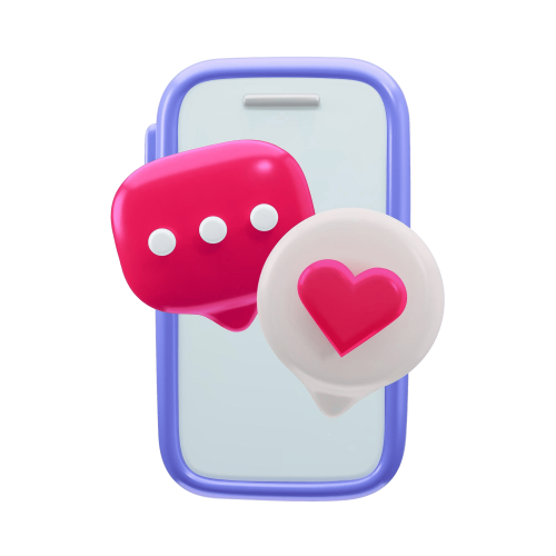 3D phone with chat and heart bubbles, representing social media management